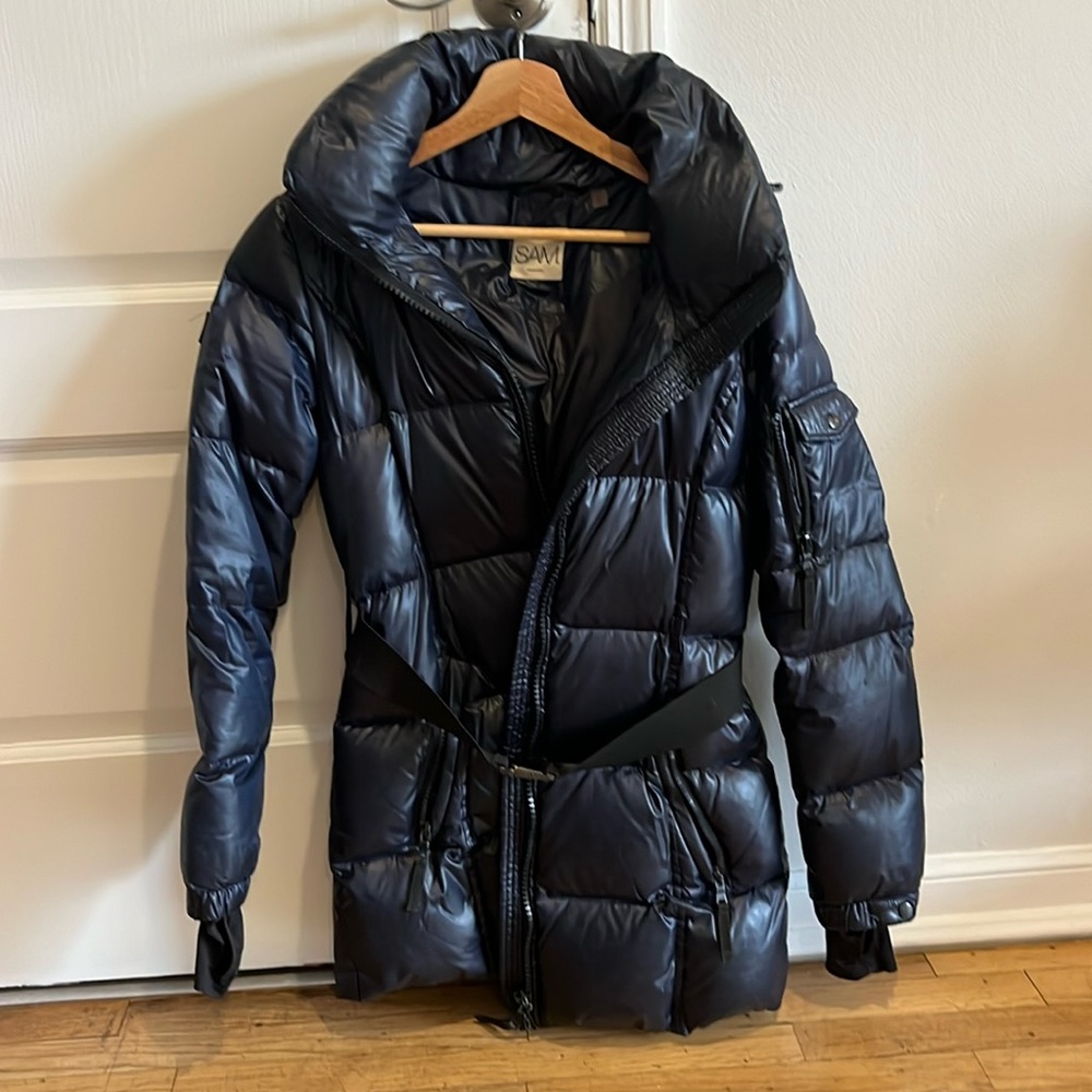 SAM Down Quilted Puffer Long Jacket with detachable hood.